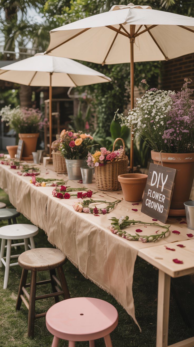 An inviting outdoor table topped with flowers and baskets, plus stools and umbrellas, offers a perfect flower crown-making spot.