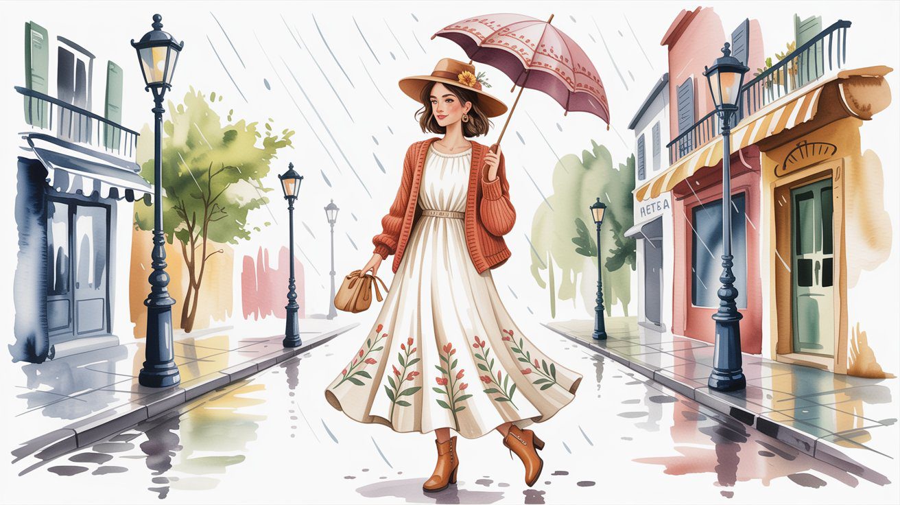 Chic Rainy Day Outfit Inspiration: Floral Dress & Cardigan Street Style for Trendy Women Shopping in Charming City Neighborhoods.