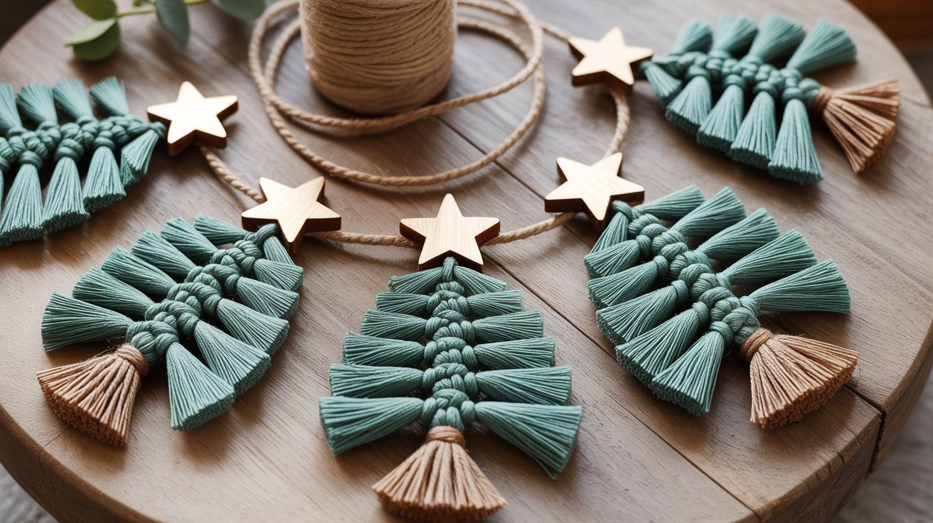 DIY Macramé Christmas Garland with Teal and Tan Ornaments and Gold Stars – Handmade Holiday Decor Ideas.