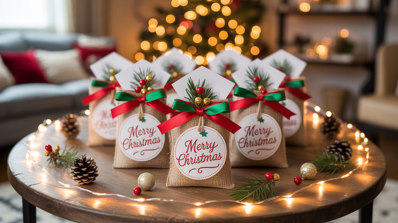 DIY Christmas Gift Table Decor Ideas with Pinecones, Festive Gift Bags, and Cozy Tree Inspiration for Holiday Celebrations.