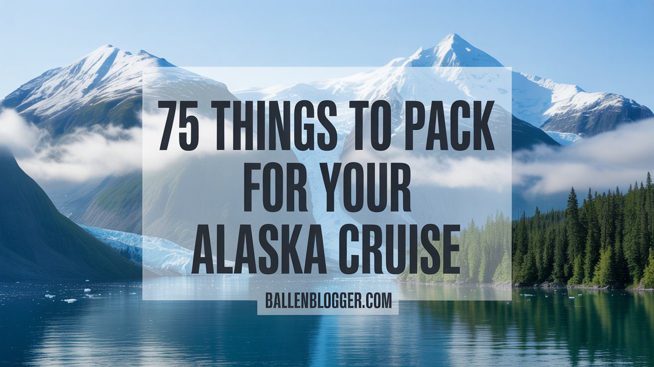 A glacier, serene lake, and snow-capped mountain set the mood for your Alaska cruise essentials. 75 must-haves featured—see more at ballenblogger.com.