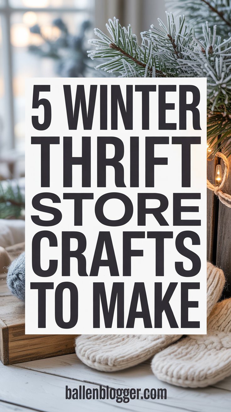 Winter thrift store crafts" is boldly featured on a sign, surrounded by mittens, pine sprigs, and glowing lights; ballenblogger.com below.