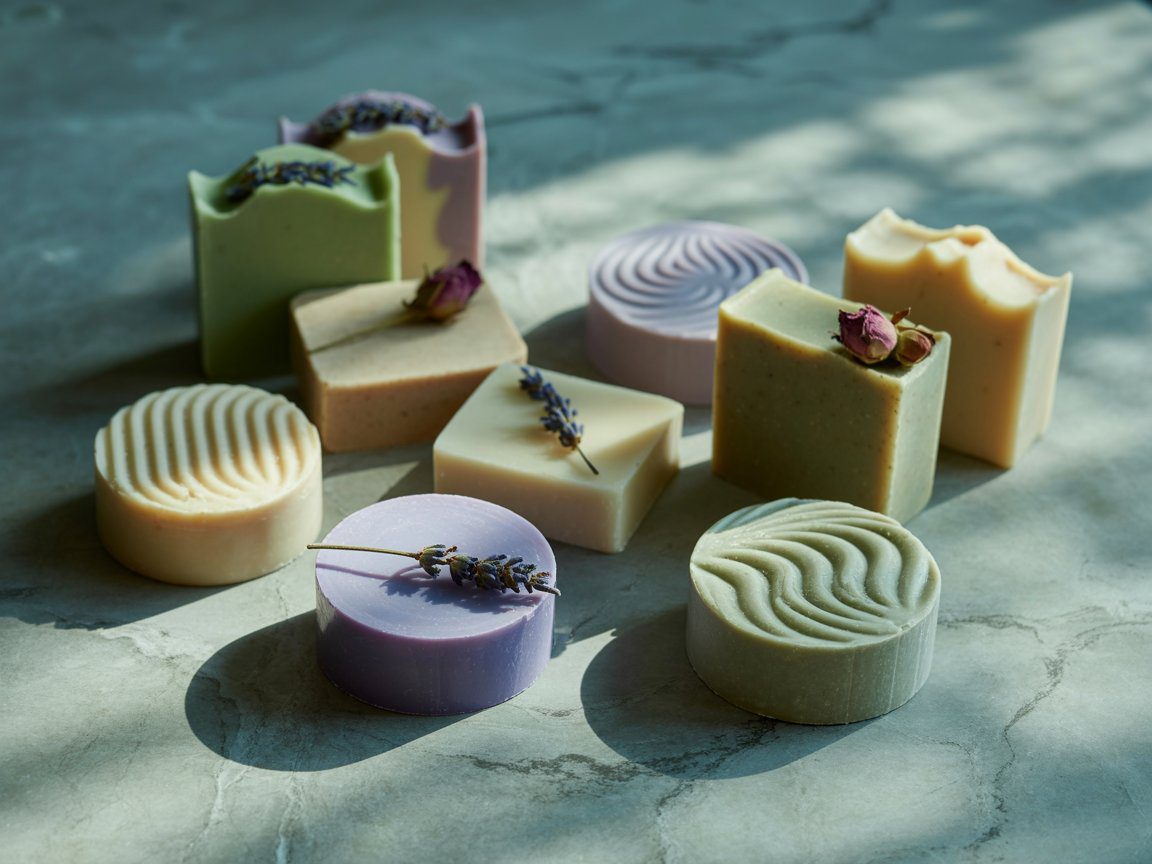 Handcrafted soaps in vivid hues resting on marble, adorned with dried flowers as soft sunlight casts shadows around them.