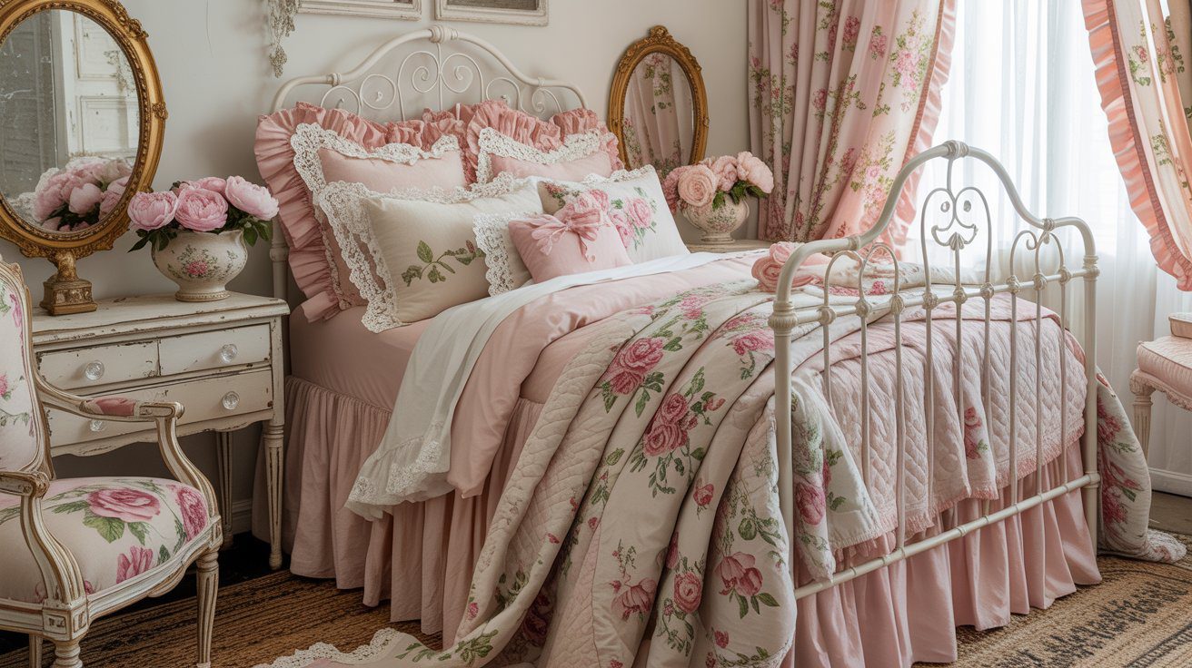 Step into a charming vintage bedroom with a white metal bed, floral bedding, and pastel accents glowing in gentle natural light.