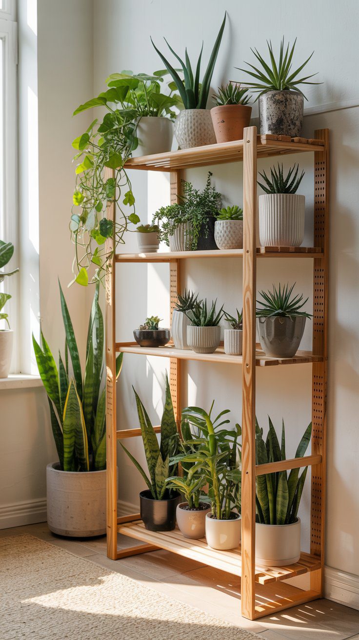 A sunlit window highlights lush and succulent houseplants in a styled vertical plant stand.