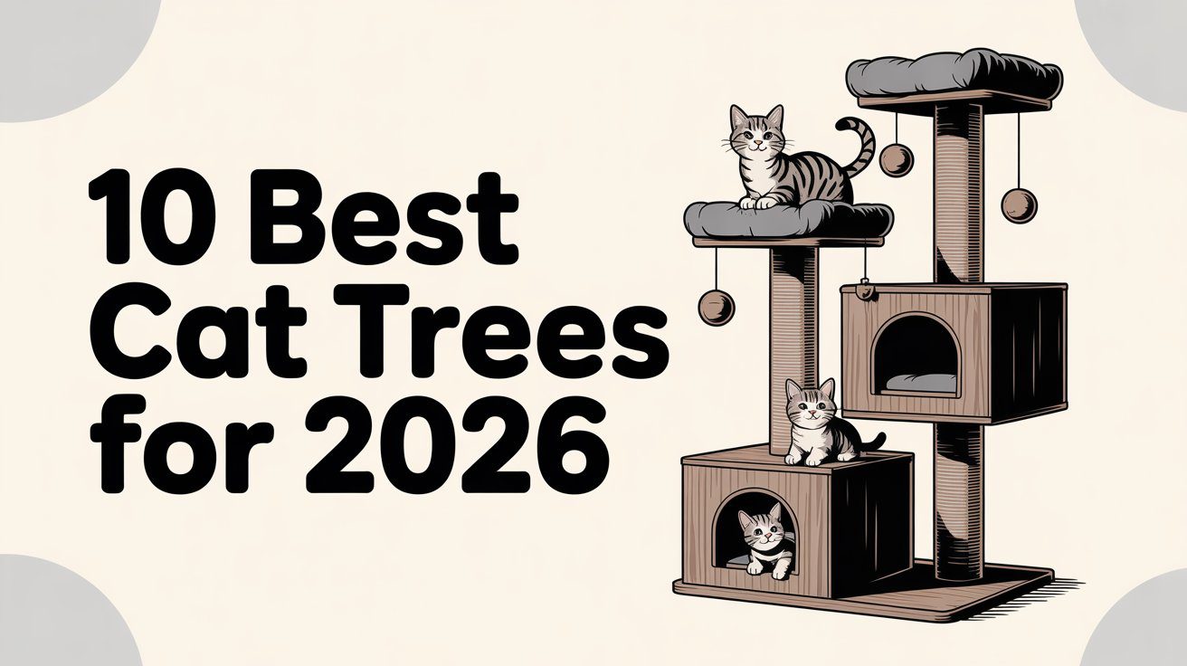 Three playful cats enjoy a tiered cat tree; bold text: Top 10 Cat Trees 2026—expert picks from the leading cat tree blog.