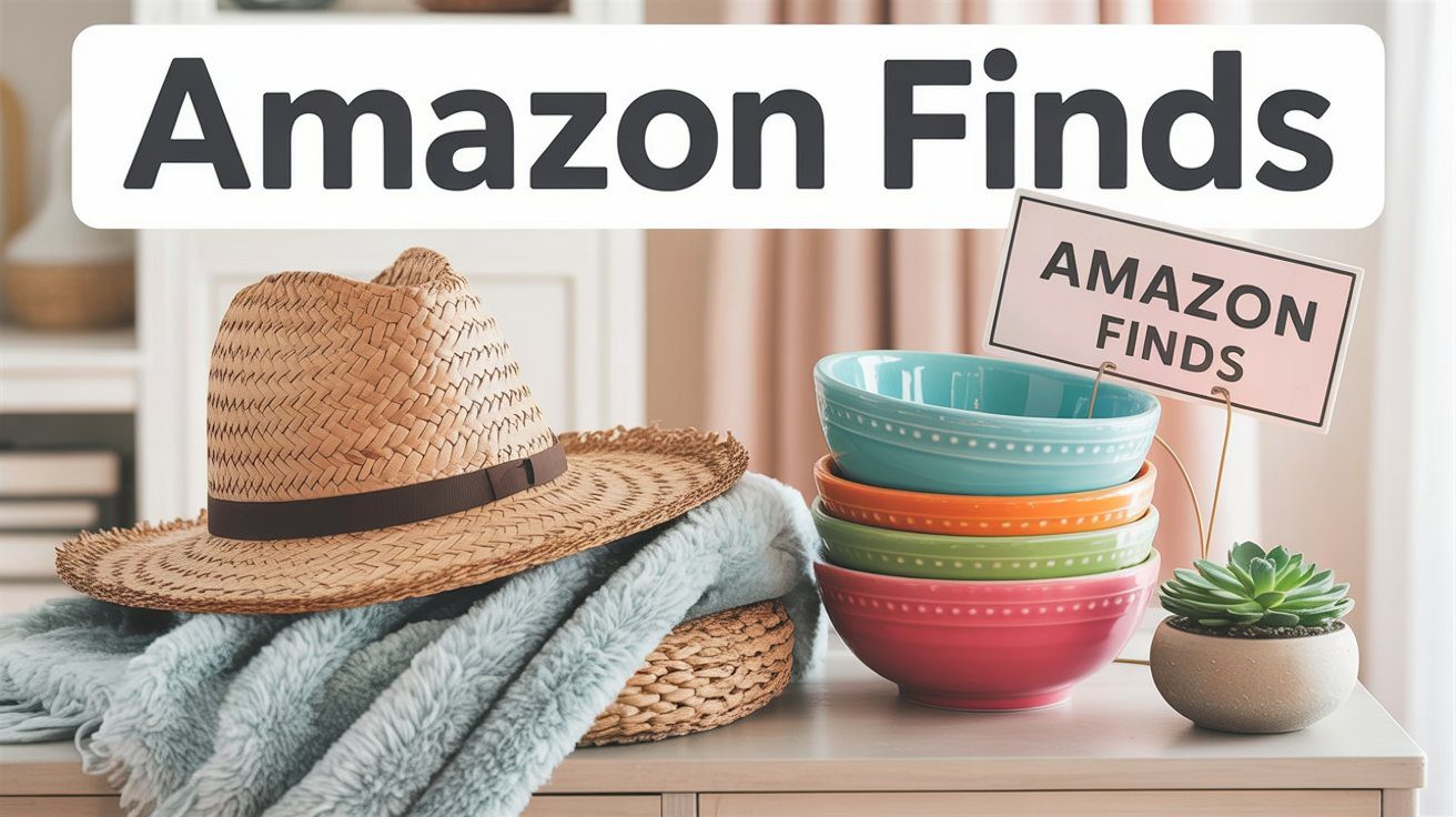 On a table under an “Amazon Finds” banner, a straw hat, blue blanket, bright bowls, and a potted plant are displayed.