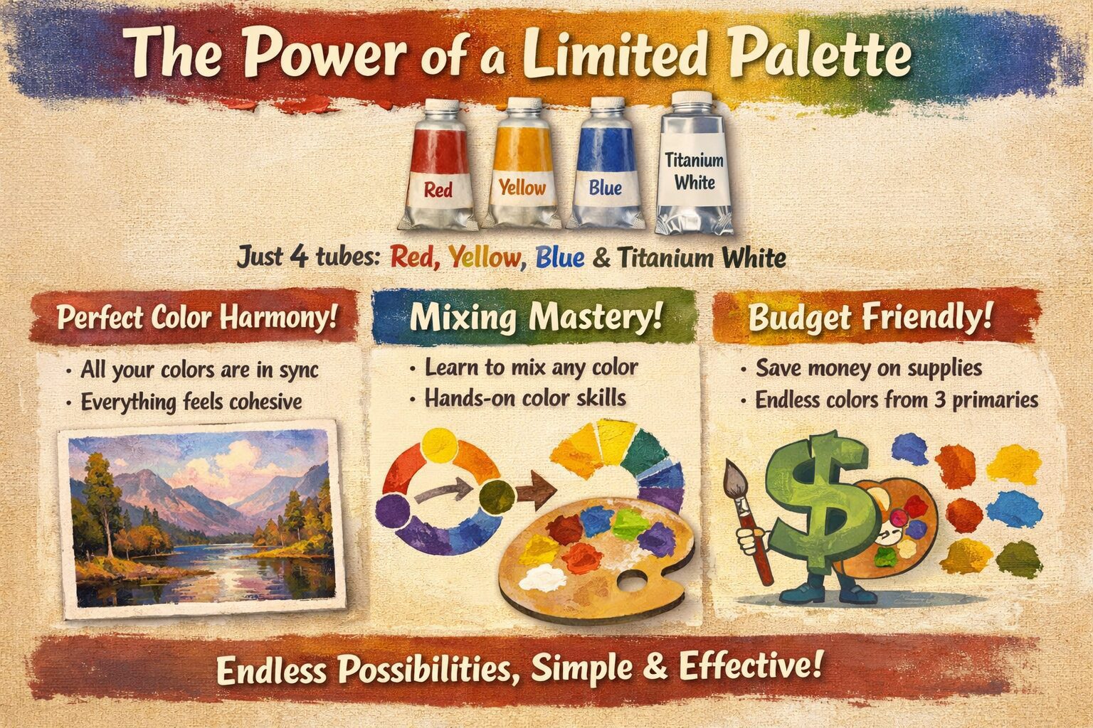 Discover how a limited palette of red, yellow, blue, and white delivers harmonious colors, effortless mixing, and budget-friendly art.