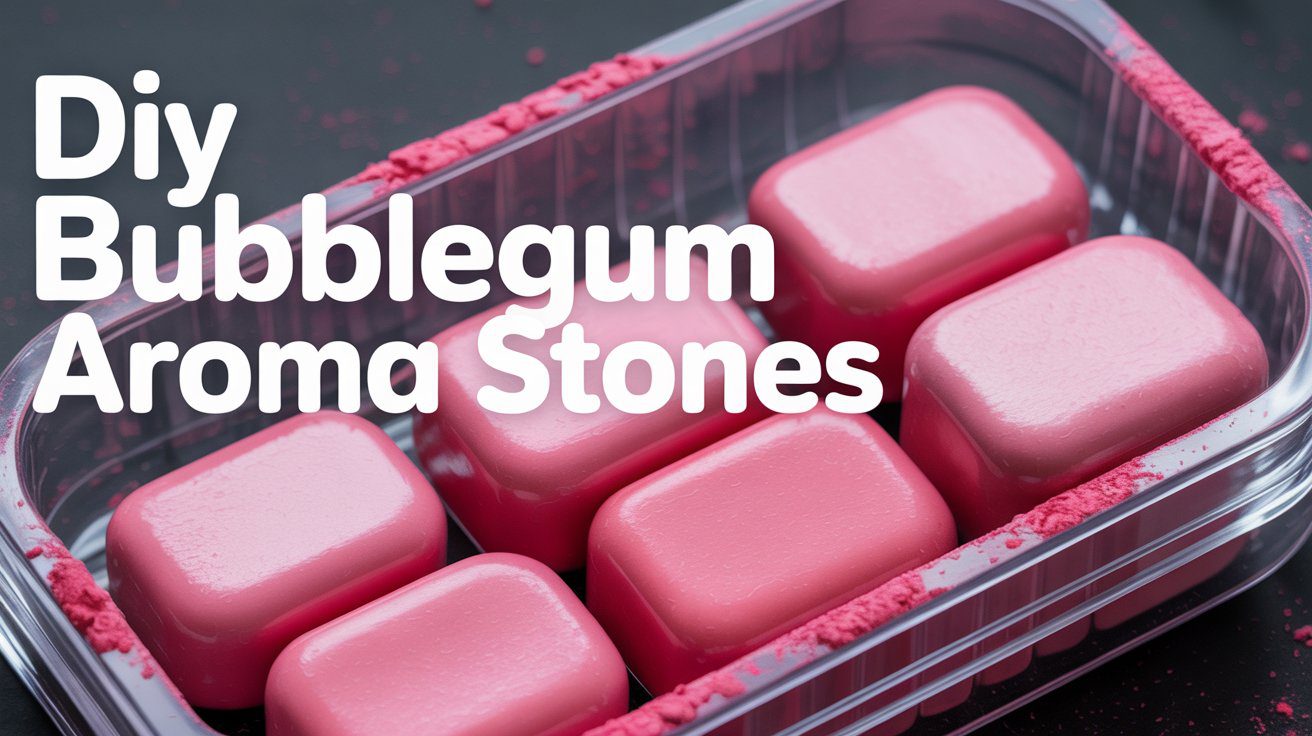 Six powder-dusted, pink aroma stones sit in a clear box labeled "DIY Bubblegum Aroma Stones"—refresh your space easily.