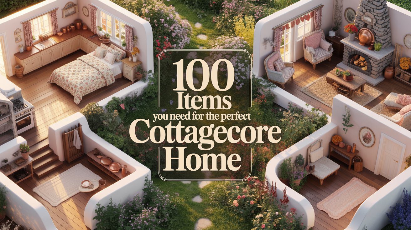 A cozy cottagecore house featuring four picturesque rooms surrounded by thriving gardens. Text reads: “100 Cottagecore Home items you need for the perfect aesthetic.”.