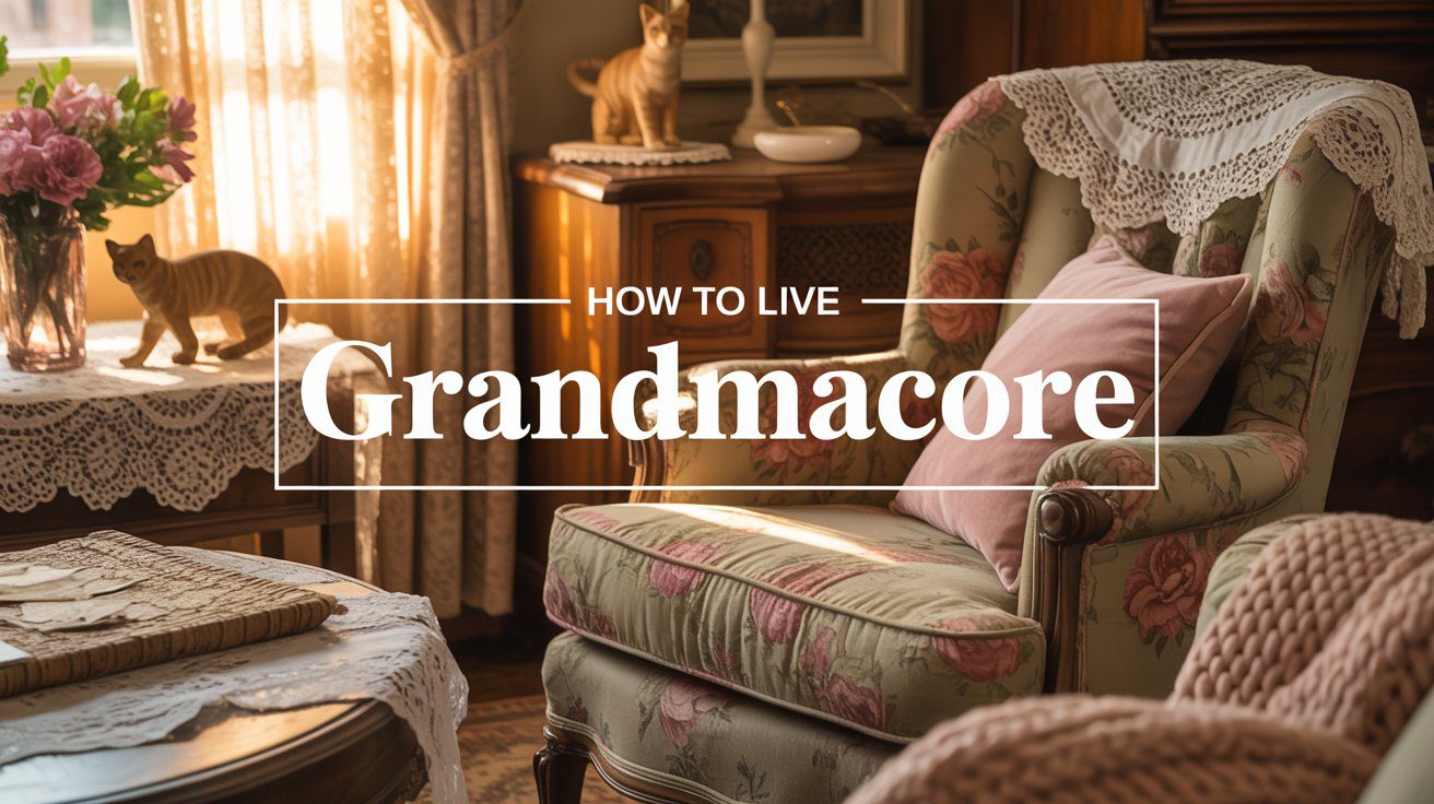 A charming living room featuring vintage decor, floral accents, and cozy details evokes the warmth of grandmacore style.