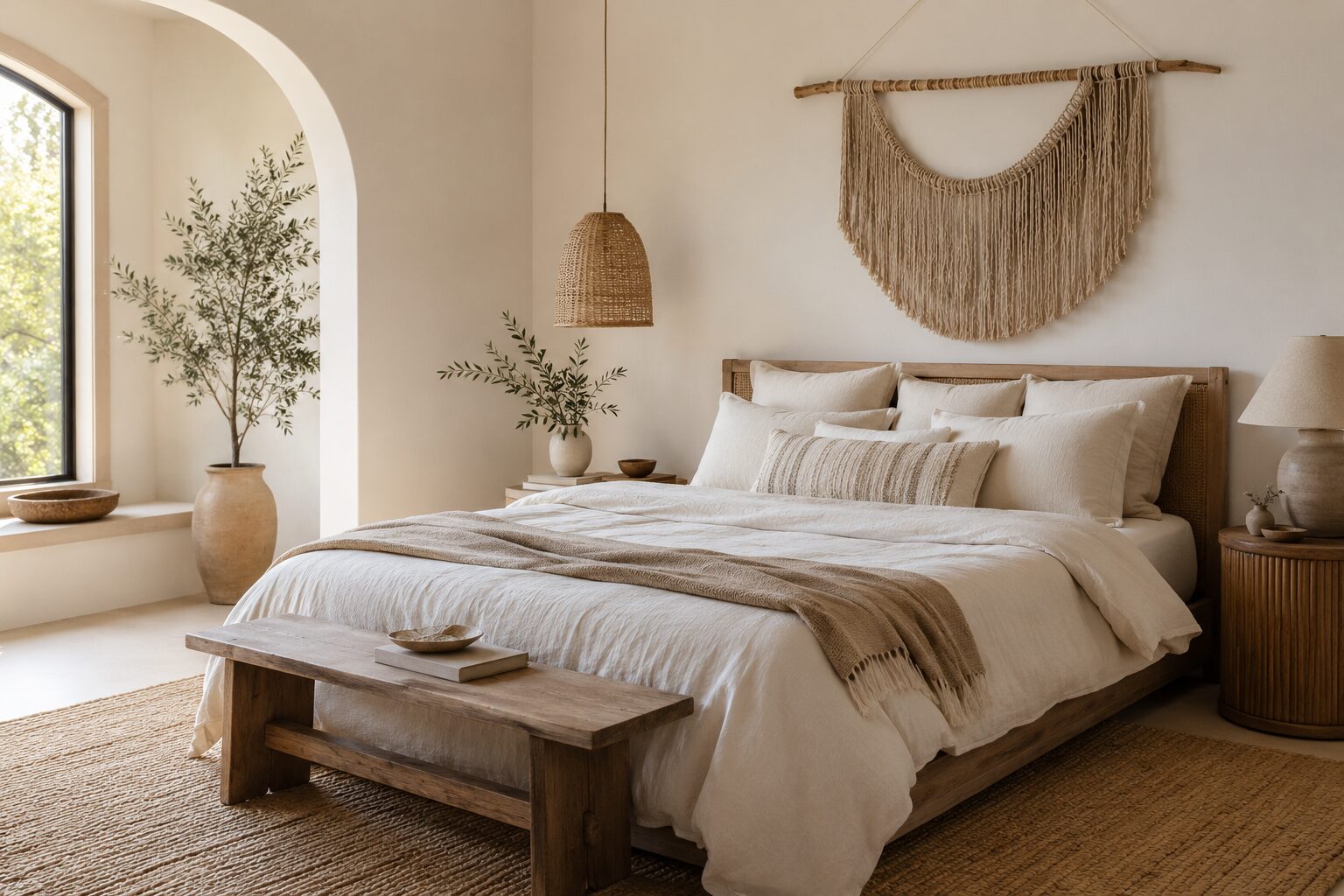 Design a warm boho-minimalist bedroom featuring wood accents, rattan lighting, neutral linens, plants, and earthy touches bathed in sunlight.