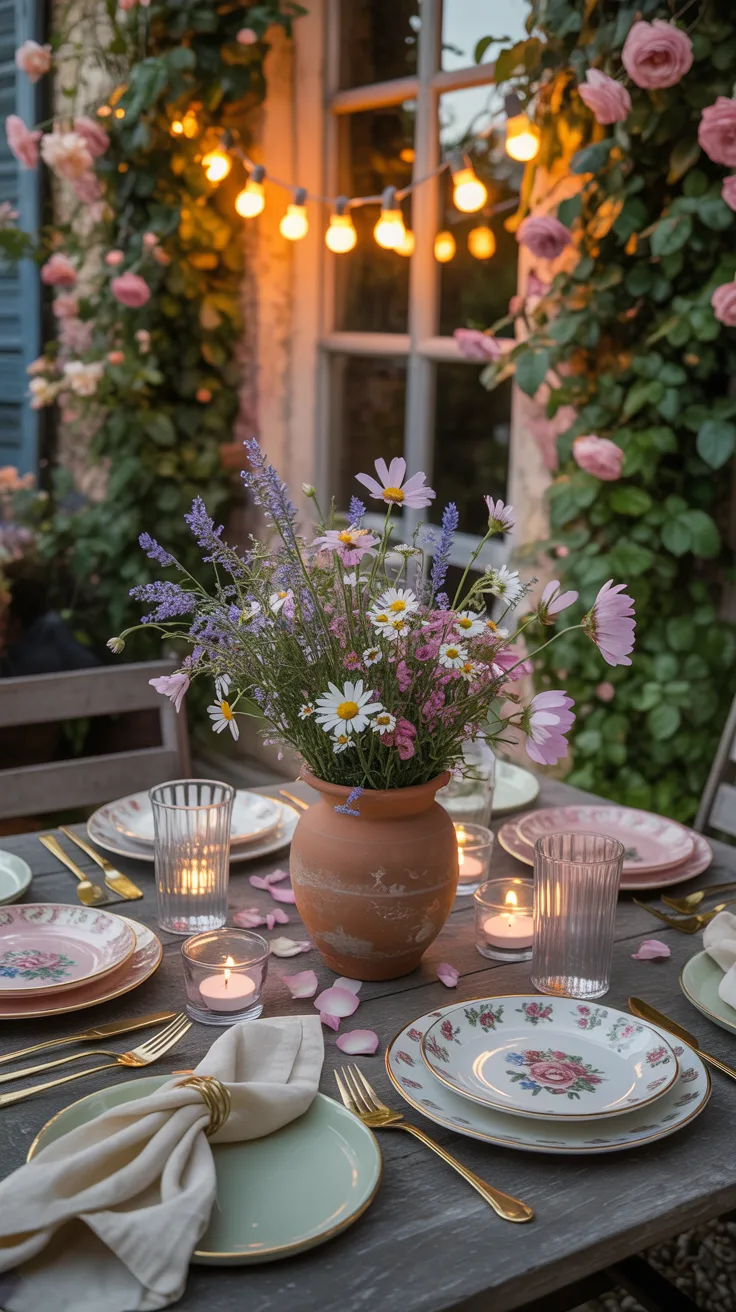 A stunning alfresco table set with floral accents, petals, candles, and fairy-lit roses creates a dreamy romantic ambiance.