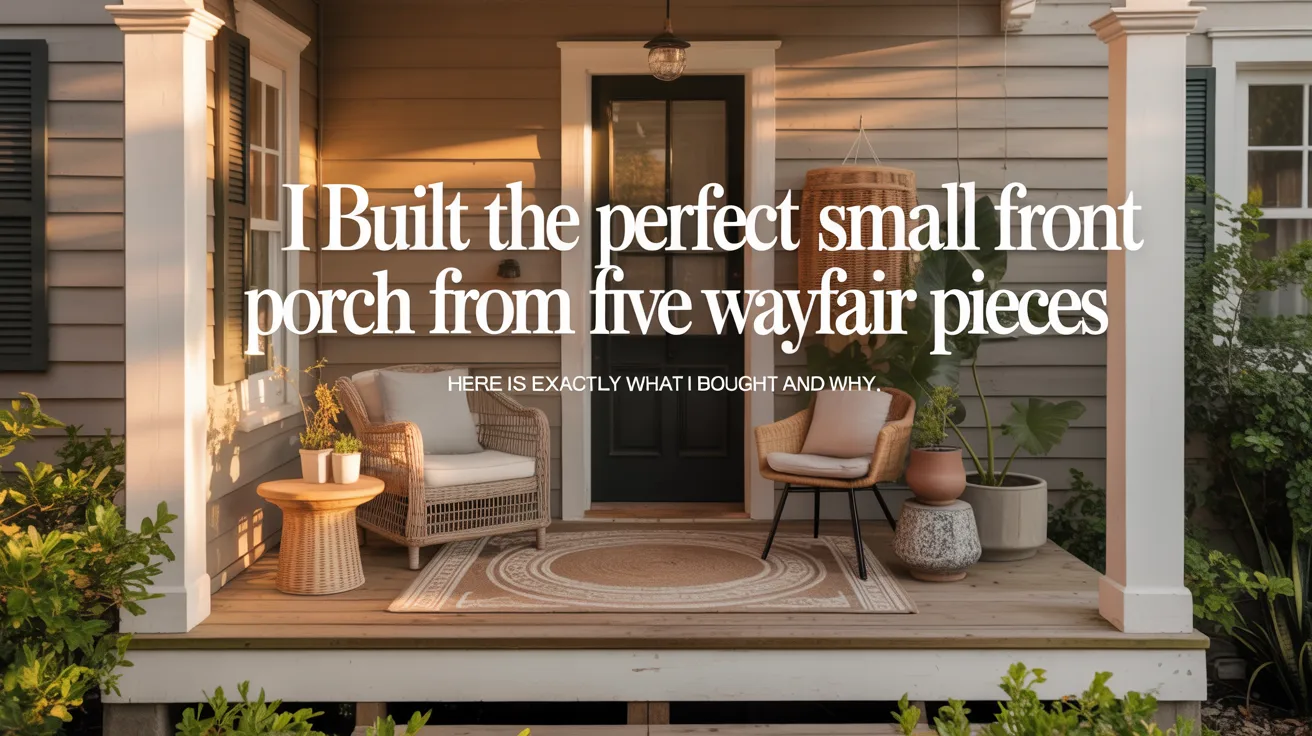 Discover my inviting small front porch setup with Wayfair finds—two chairs, a side table, rug, plant, and soft lighting!.