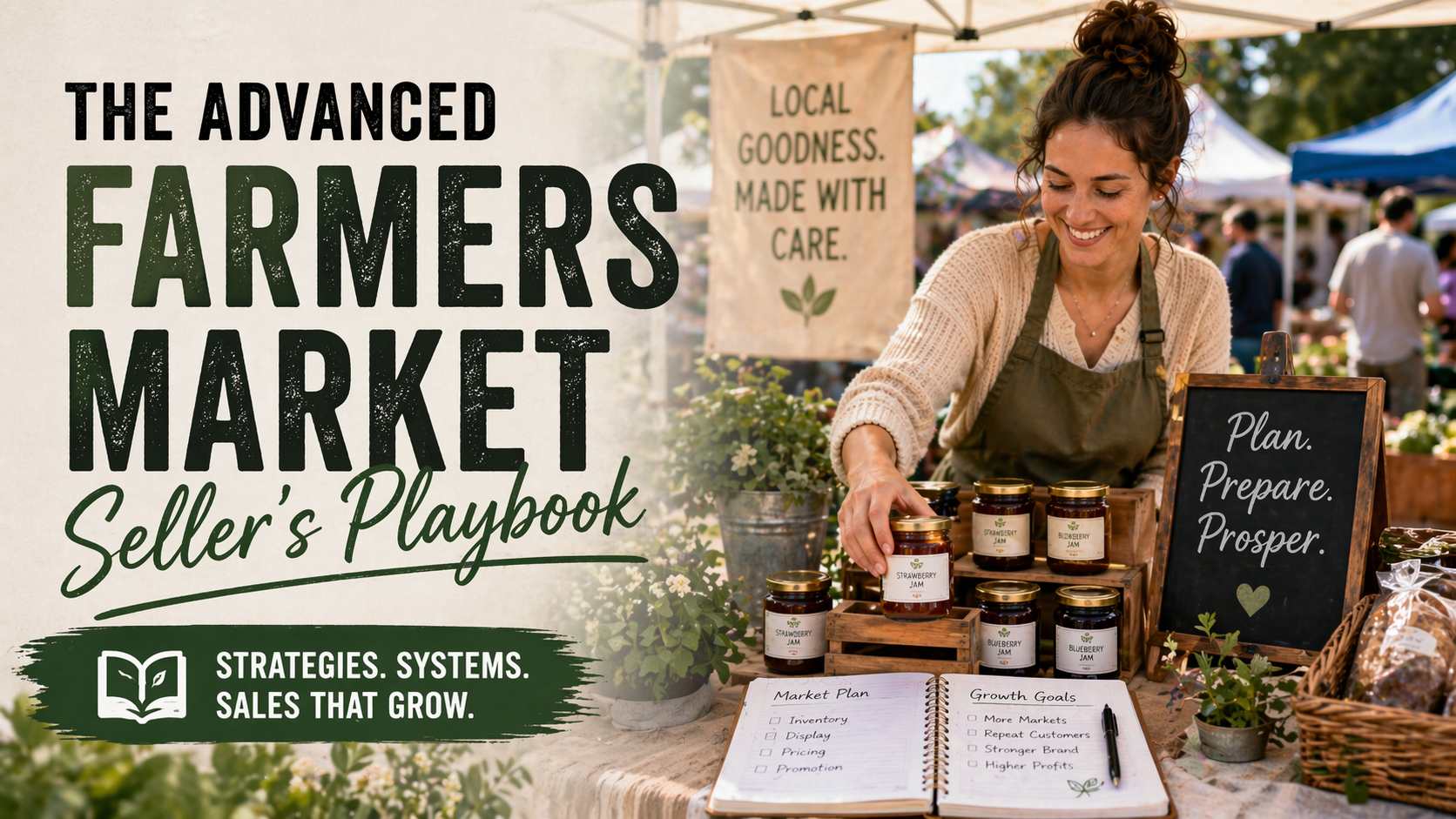 At a farmers market, a cheerful woman organizes jars of preserves. Nearby, a chalkboard displays Plan. Prepare. Prosper.