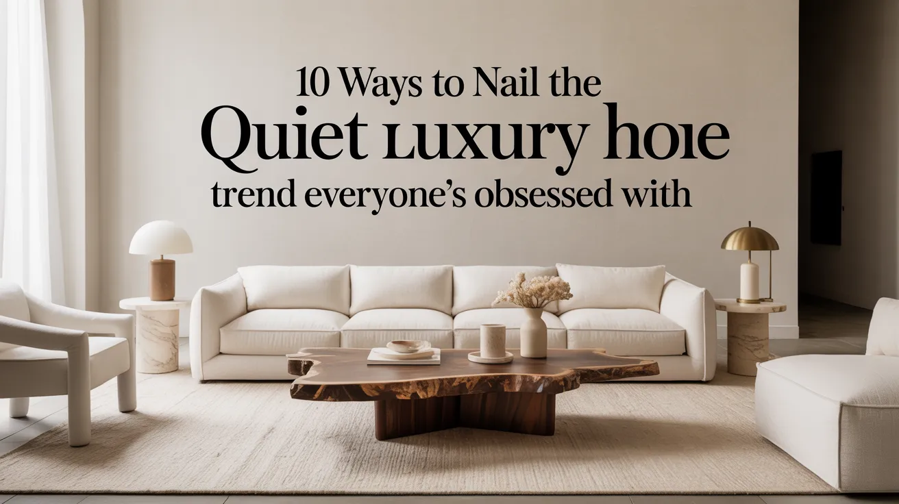 A chic living room with a luxe sofa, armchair, striking wood table, minimalist touches, and the phrase: 10 Quiet Luxury Tips.