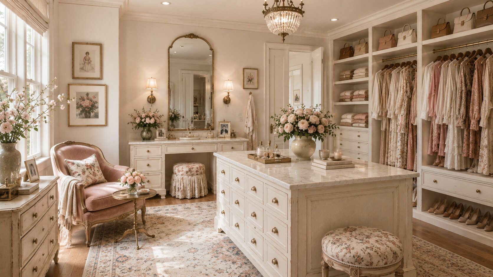 Step into a vintage-inspired dressing room with elegant white cabinets, marble island, pastel wardrobes, florals, and soft lighting.