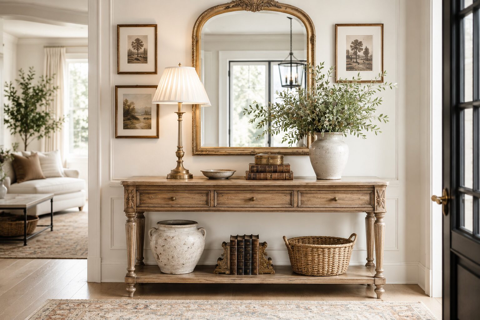 A stylish entryway showcases a wooden console, chic decor, and gold accents for a welcoming, upscale ambiance.