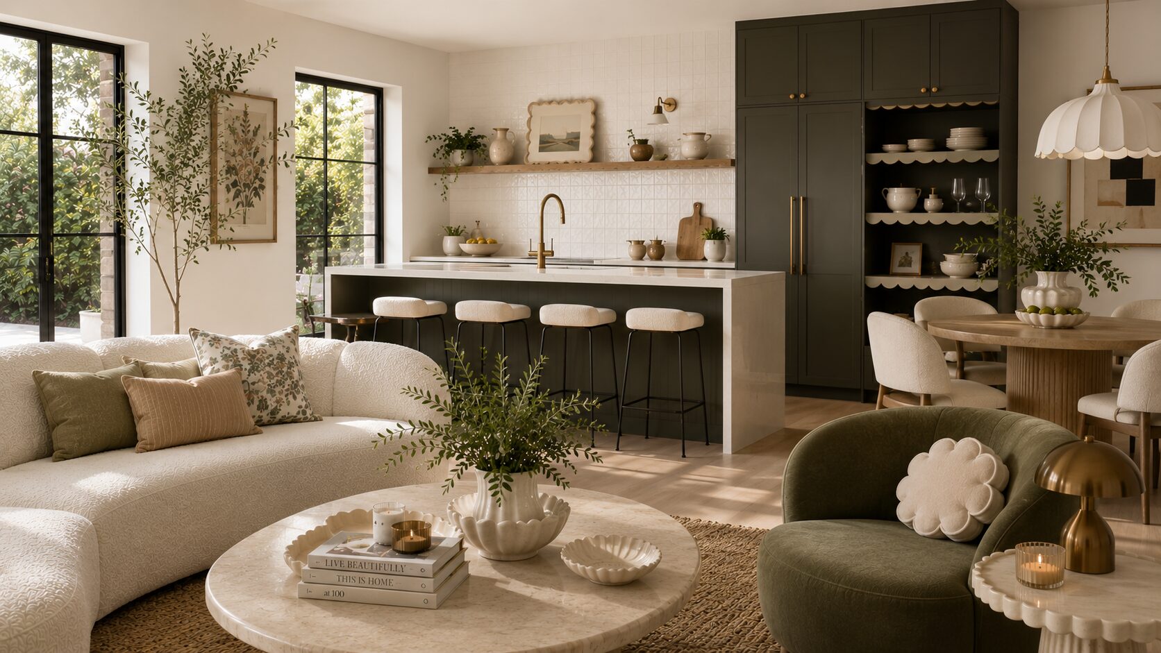A bright open kitchen and living space with green cabinets, scalloped accents, a chic curved sofa, island seating, and big windows.